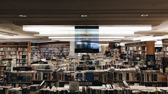 A large bookstore with numerous bookshelves organized by categories such as humanities, religion, new age, and law. The shelves are densely packed with a wide variety of books. Overhead lights illuminate the space, creating a cozy and inviting atmosphere.