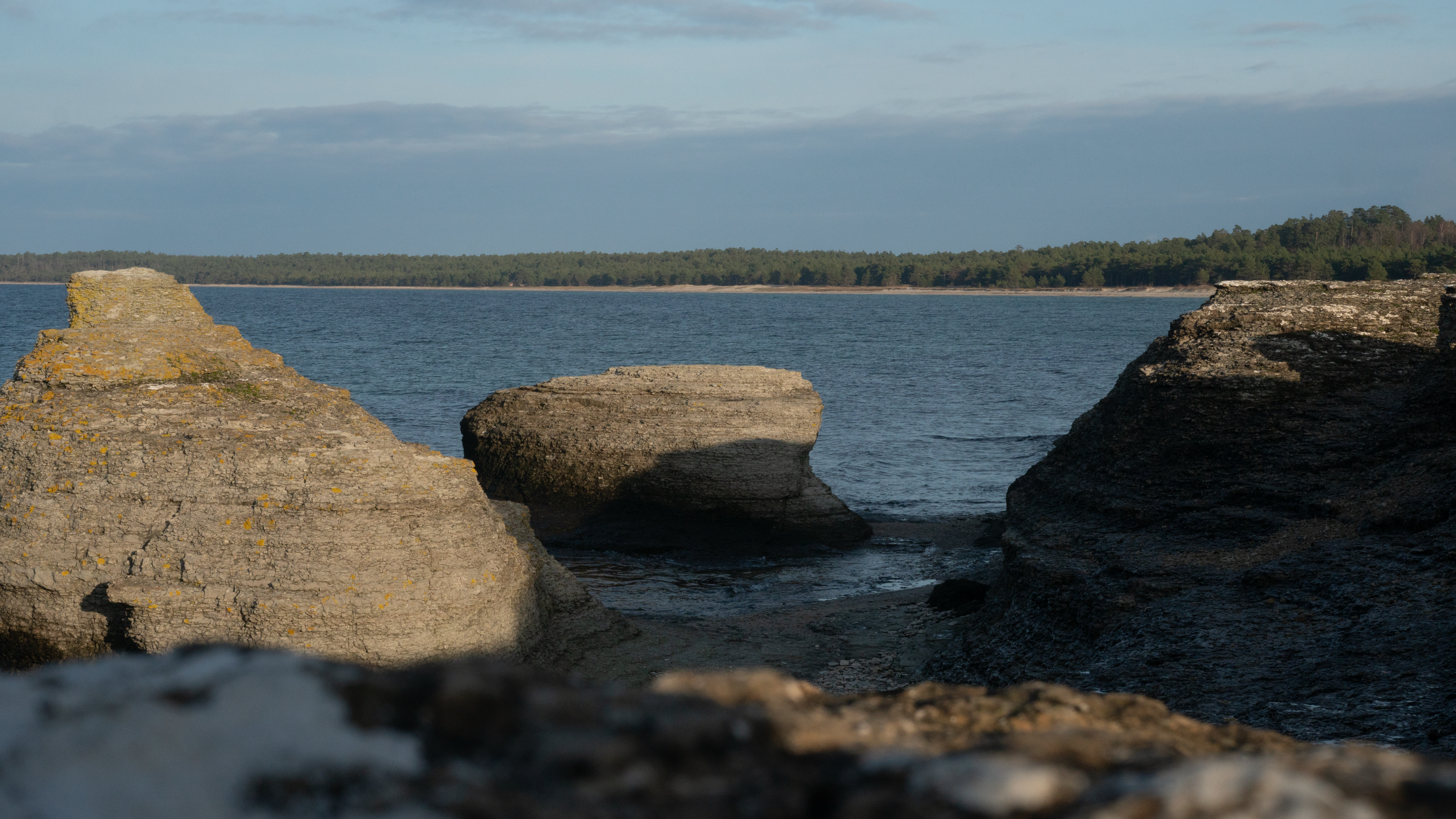Limestone sea stacks beside the water at Byrums raukar on Öland.