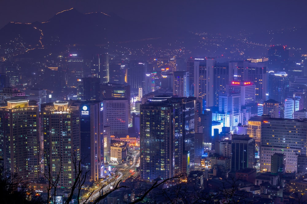 city with high rise buildings during night time