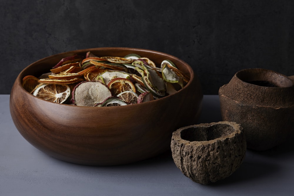 brown wooden bowl with brown and white dish