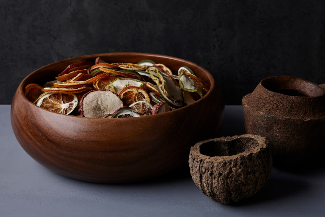 brown wooden bowl with brown and white dish