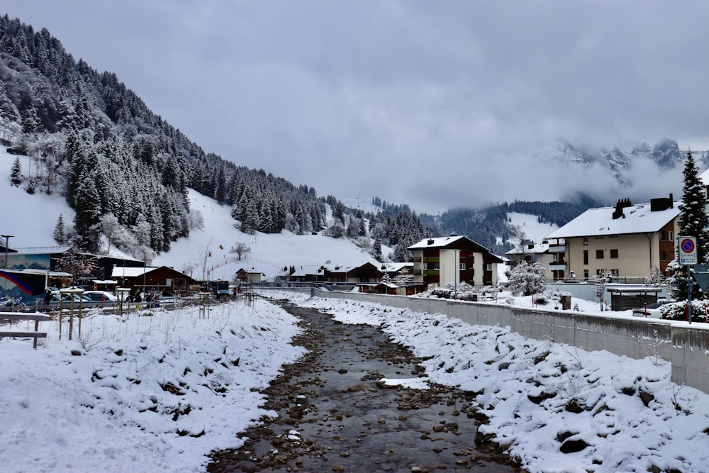 houses near snow covered mountain during daytime