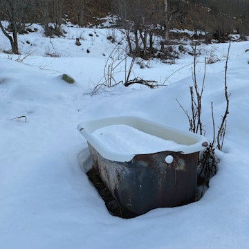Photograph of a winter bath with snow-covered trees around.