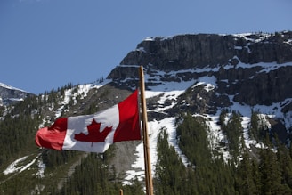 A welcoming Canadian maple leaf flag waving in front of a snowy mountain backdrop.