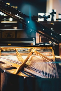 brown and black piano in room