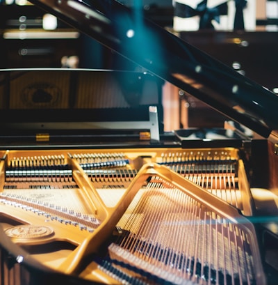 brown and black piano in room