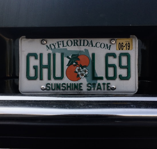 A Florida license plate with the numbers and letters 'GHUL69'. It features the outline of the state and an orange graphic with blossoms. The text 'SUNSHINE STATE' is displayed at the bottom with the website 'MYFLORIDA.COM' at the top. There is a yellow sticker in the upper right corner indicating an expiration date of 06-19.