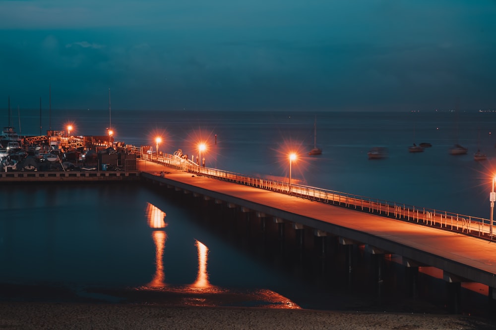 brown wooden dock on body of water during night time