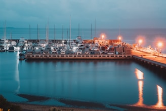 white and brown boat on dock during night time