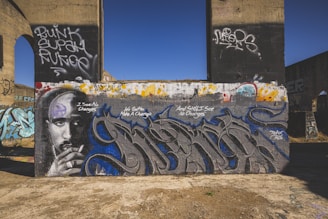 A concrete wall features a large piece of street art, including a monochrome portrait of a person with contemplative expression, and elaborate graffiti text. Vibrant splashes of color such as blue, yellow, and red punctuate the darker elements. Additional tags and graffiti adorn the wall, and urban decay is evident in the surroundings.