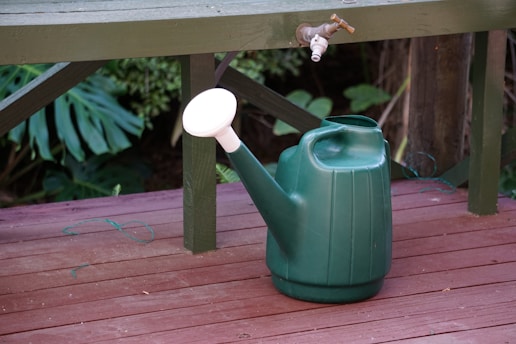 A green watering can is placed on a wooden deck next to an outdoor faucet. The deck is set against a background of lush greenery, featuring large green leaves. The faucet protrudes from a wooden structure above the deck.