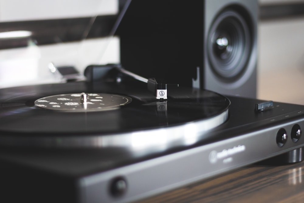 black and gray vinyl record player