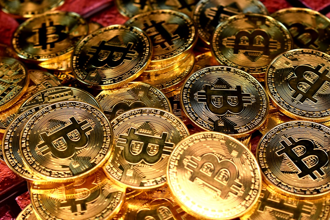 A pile of Bitcoin coins.