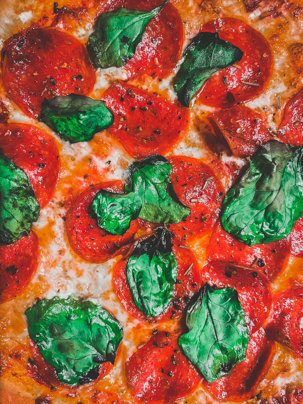 um close up de uma pizza com tomates e manjericão