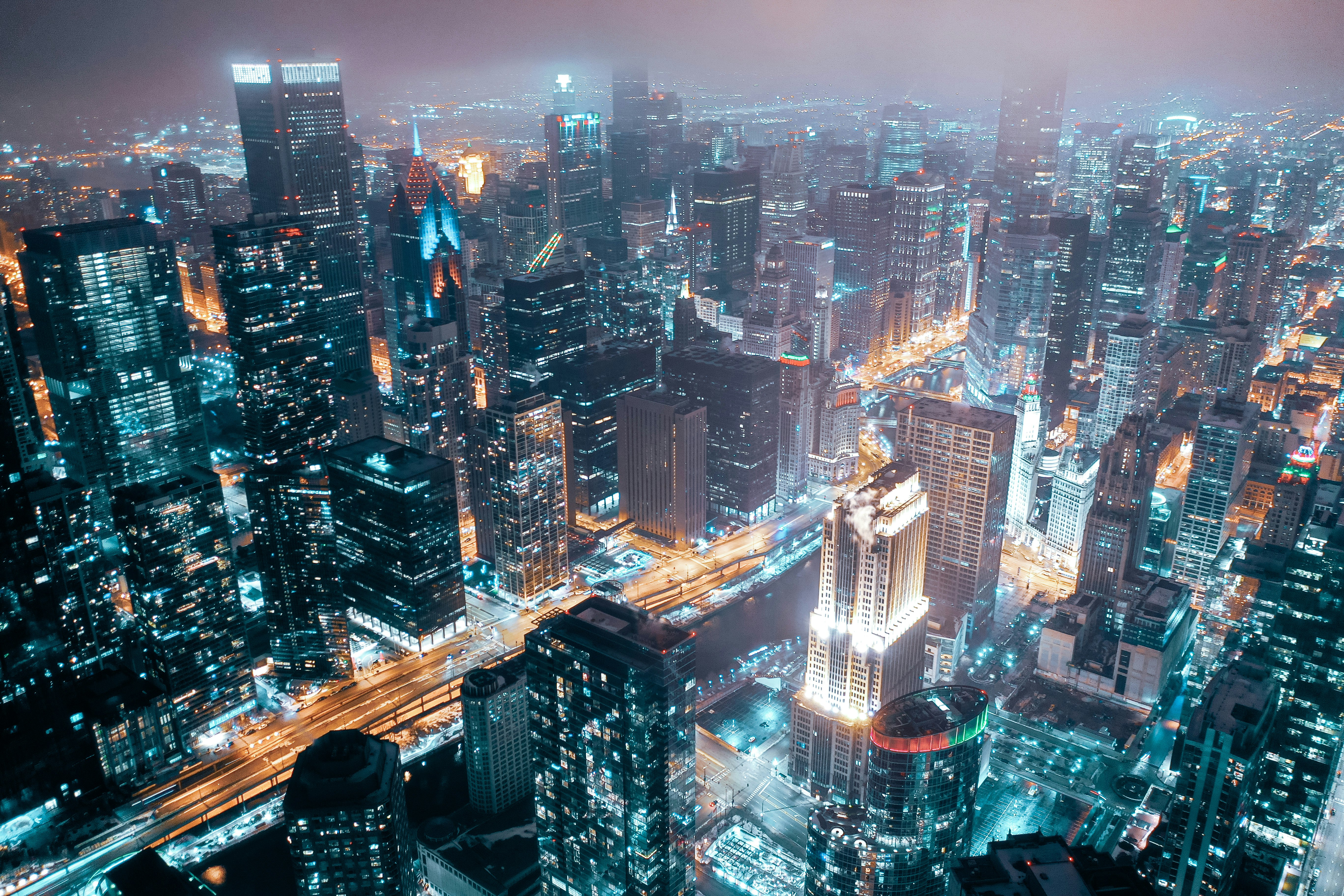 aerial view of city buildings during night time