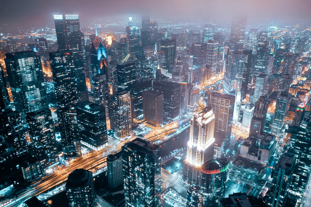 aerial view of city buildings during night time