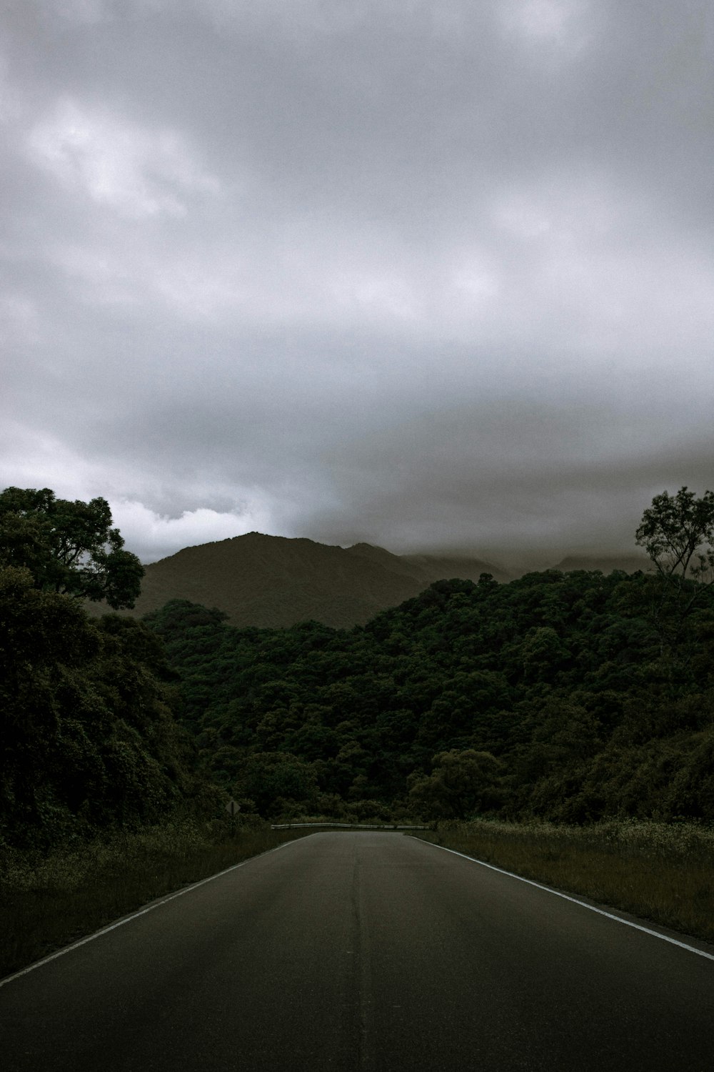 昼間の灰色の曇り空の下、緑の芝生の間にある灰色のアスファルト道路
