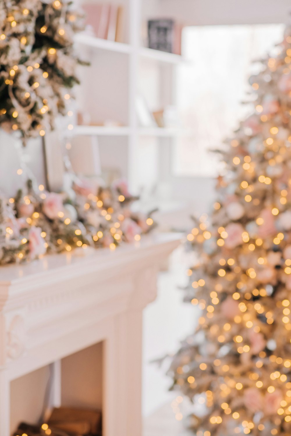 gold and white christmas tree on white wooden table