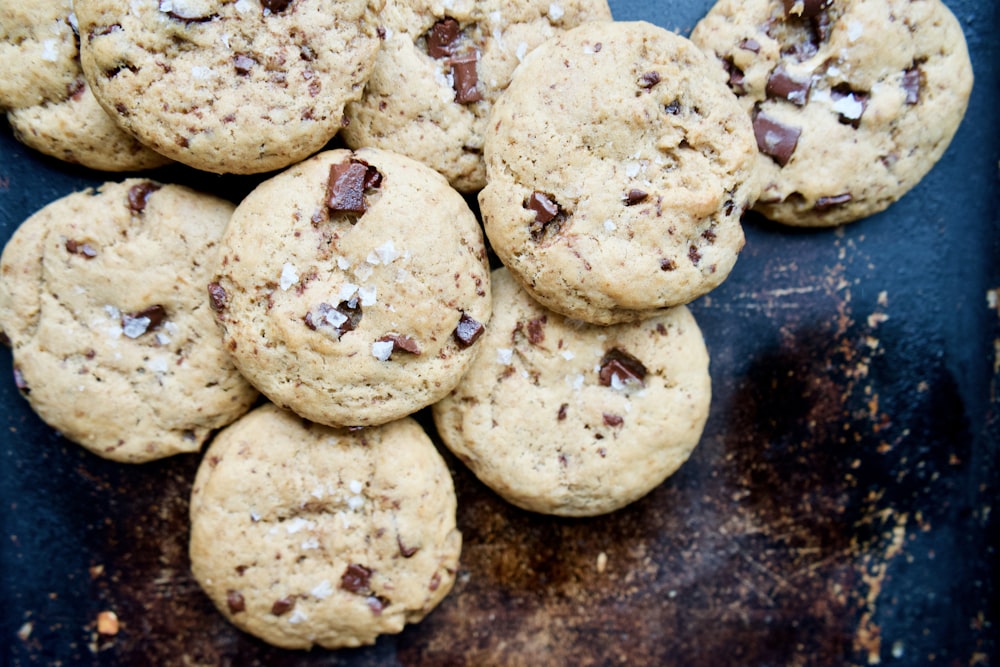 brown cookies on blue ceramic plate