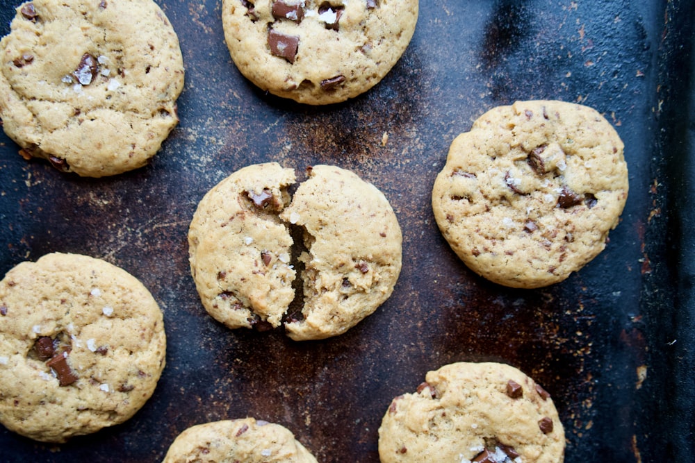 brown cookies on blue surface