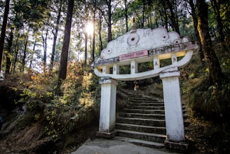 A stone gateway stands at the entrance to a forested area. Rays of sunlight filter through the trees, creating a serene and mystical atmosphere. There are steps leading up through the gateway, which is adorned with traditional carvings and has a pink sign with text. The surrounding area is lush with green foliage and undergrowth.