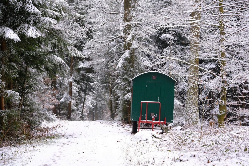 green and white wooden shed on snow covered ground