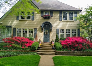 gray concrete house with red flowers on the side