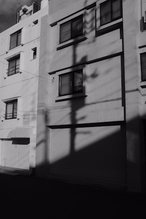 A monochrome image of a building facade with several rectangular windows and a large closed garage door. The facade reflects strong shadows from nearby structures, creating a stark contrast between light and shadow. The architecture appears minimalistic with a smooth, concrete texture.