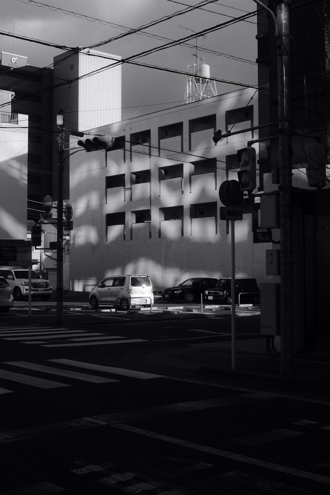 grayscale photo of cars parked near building