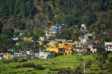 Brightly painted Haitian village landscape with lush greenery and houses.