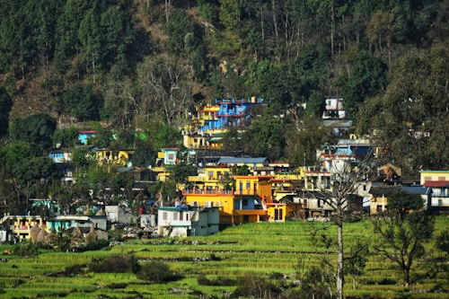 A vibrant village scene with colorful houses nestled against a hillside covered in dense greenery. The houses are painted in bright yellows, blues, and other vivid colors, creating a striking contrast with the natural surroundings. In the foreground, there are terraced fields with lush green crops, and trees scattered throughout the landscape.