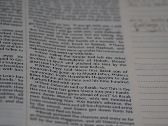 Several columns of printed text in a book are shown in focus, with a section of ruled lines on the right side of the image.