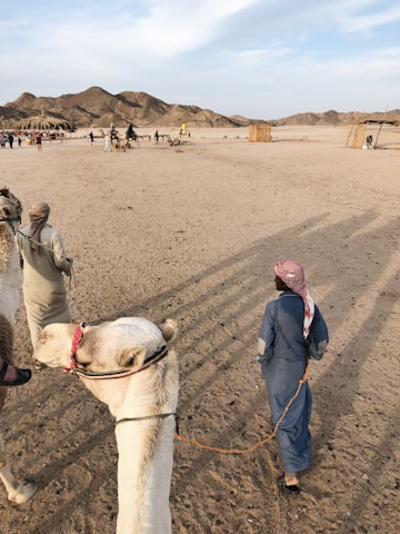 A sandy desert landscape with a few people and camels visible. A person wearing traditional attire leads a camel, while other people and camels can be seen in the distance near some simple structures. The background features rugged hills under a partly cloudy sky.