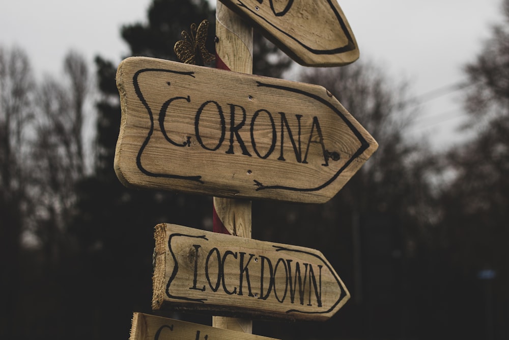 a close up of a street sign with trees in the background