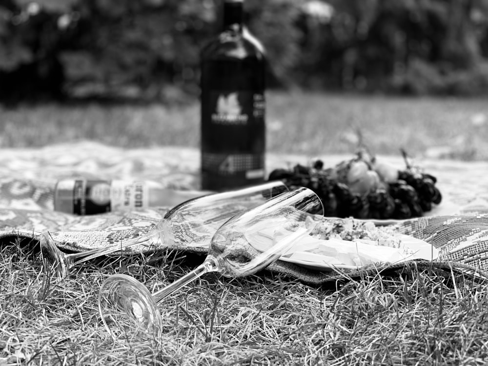 grayscale photo of bottle and glass cup on grass