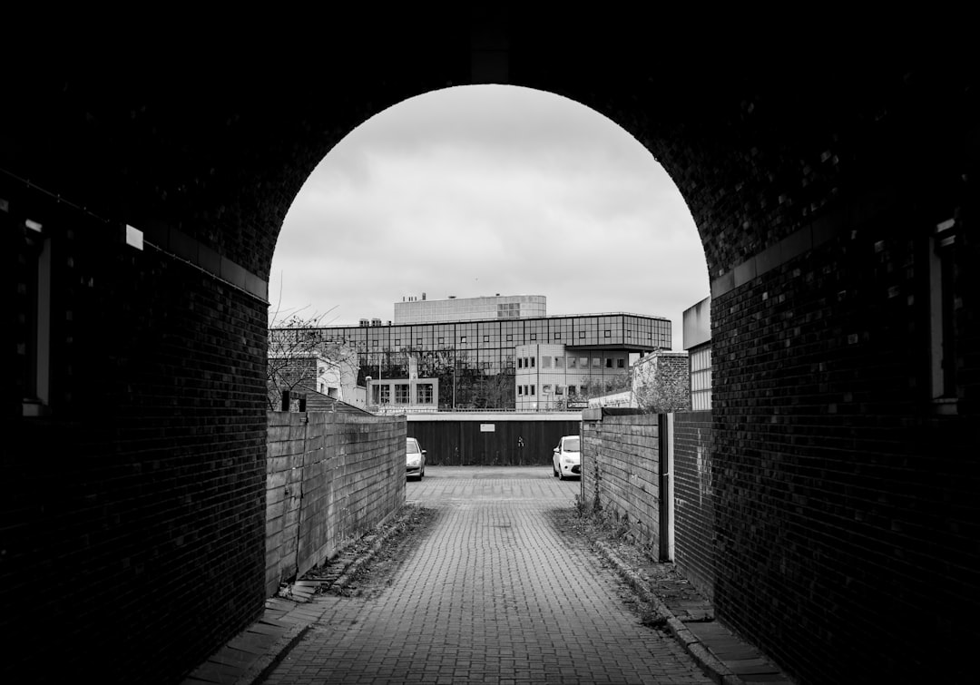 grayscale photo of brick wall