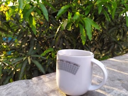 A white mug with a decorative pattern is placed on a concrete surface. In the background, there is dense greenery with vibrant green leaves illuminated by sunlight.