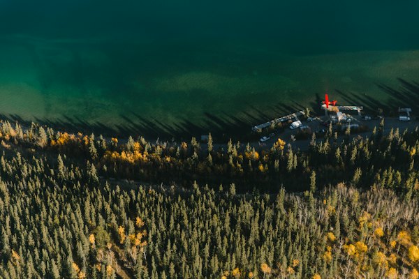 A floatplane on the river, from the air — Whitehorse, Canada