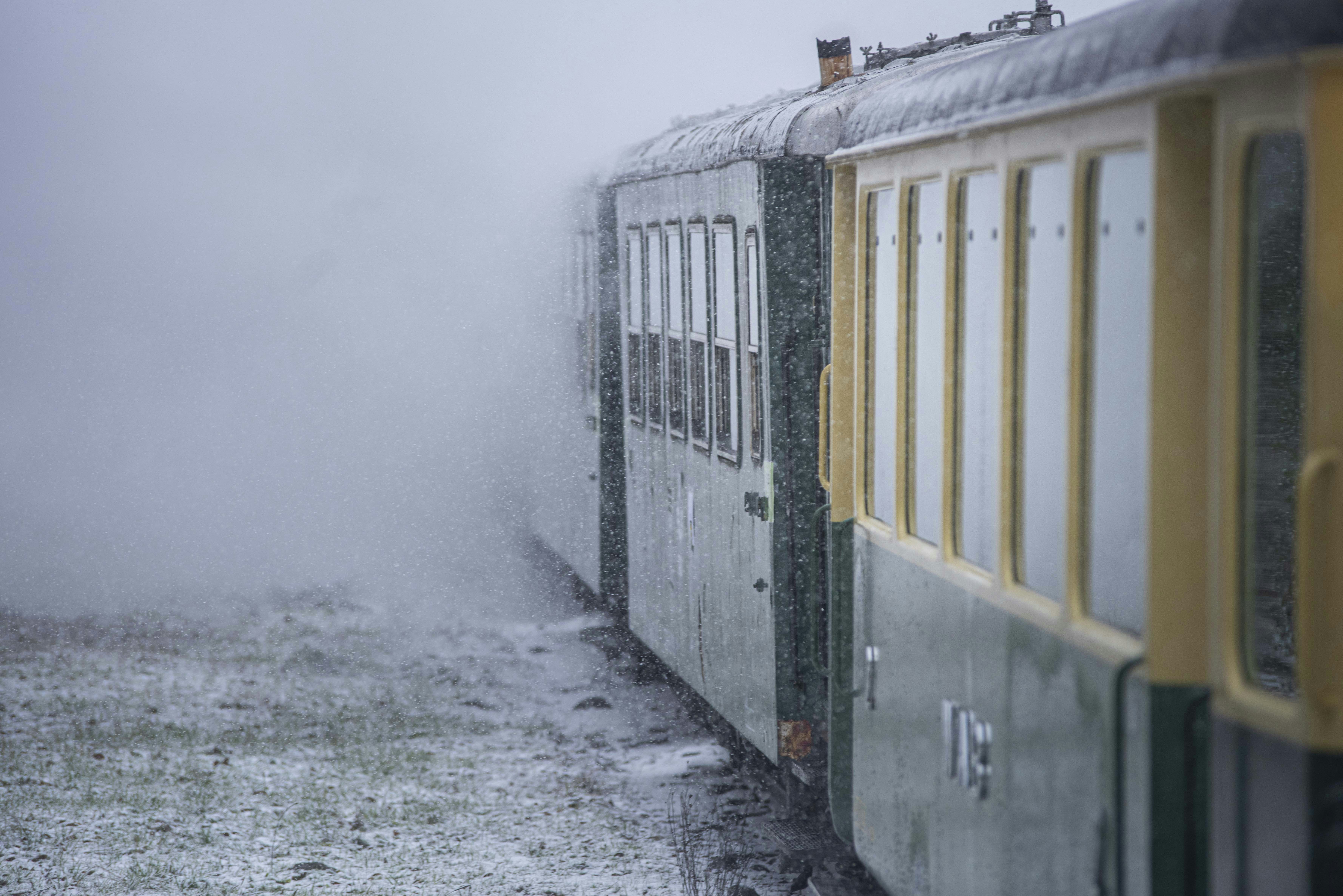 yellow and black train on rail tracks, Fog day