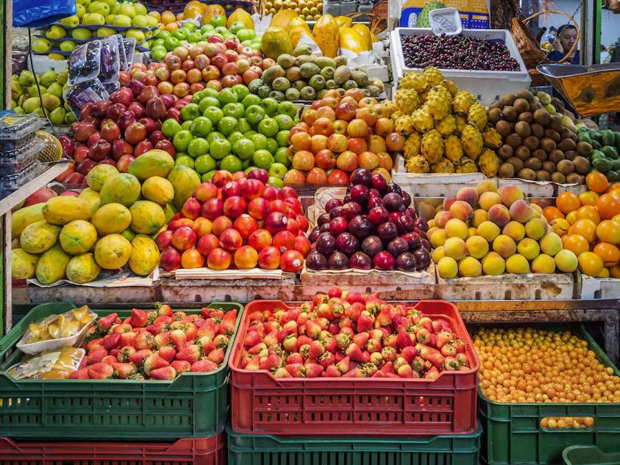 Wooden crates filled with fresh apples and produce