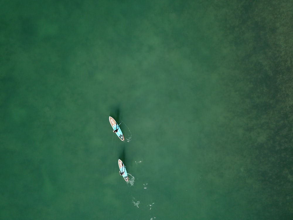 aerial view of person surfing on green water