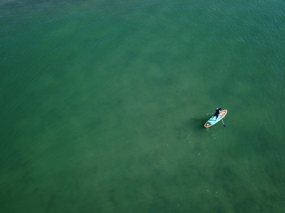 昼間に緑の海でサーフィンをする人