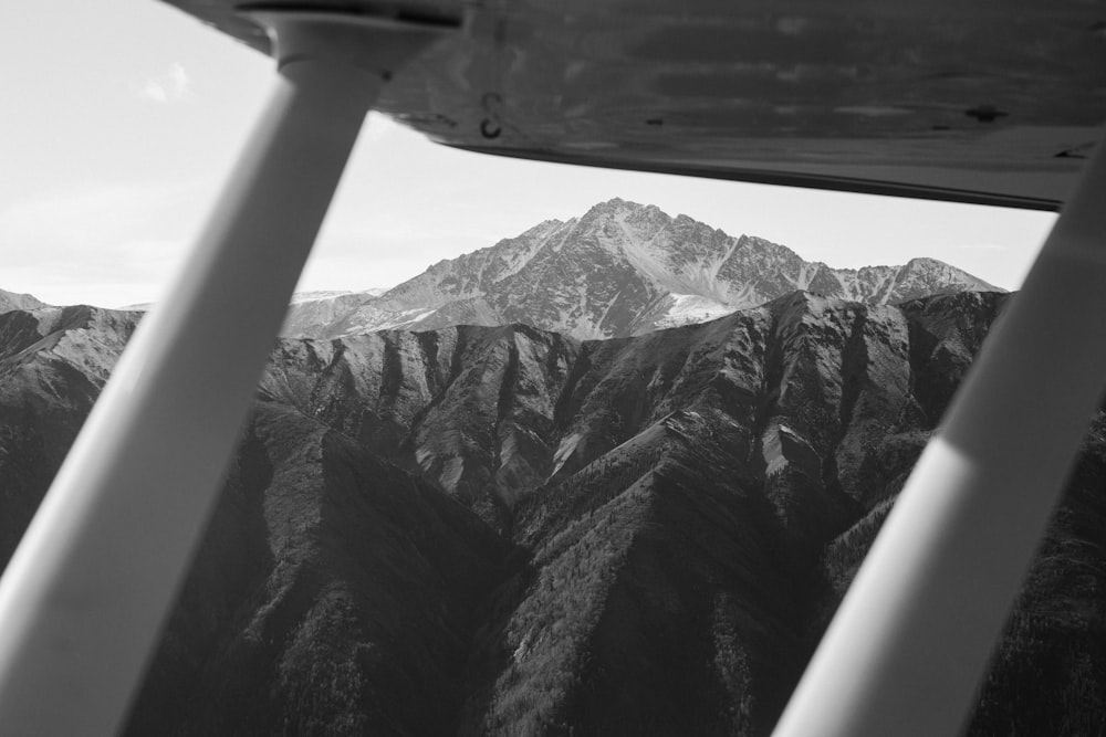 grayscale photo of mountains and trees