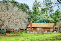 A rustic wooden house with a brick chimney stands amidst a lush, green lawn. Large trees with bare branches are present, and a fenced area with a small red barn is visible. The backdrop includes dense greenery, indicating a rural setting.