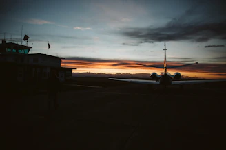 A cinematic, moody shot of a sleek private jet silhouetted against a twilight sky over a cliffside estate.