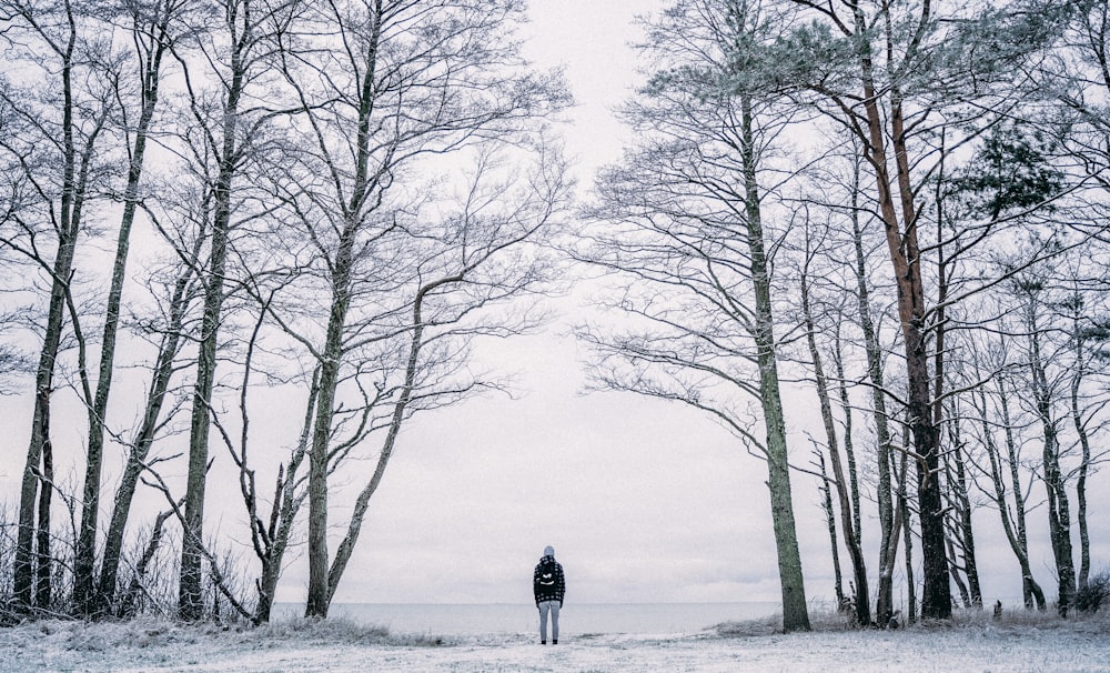 person in black jacket standing on snow covered ground