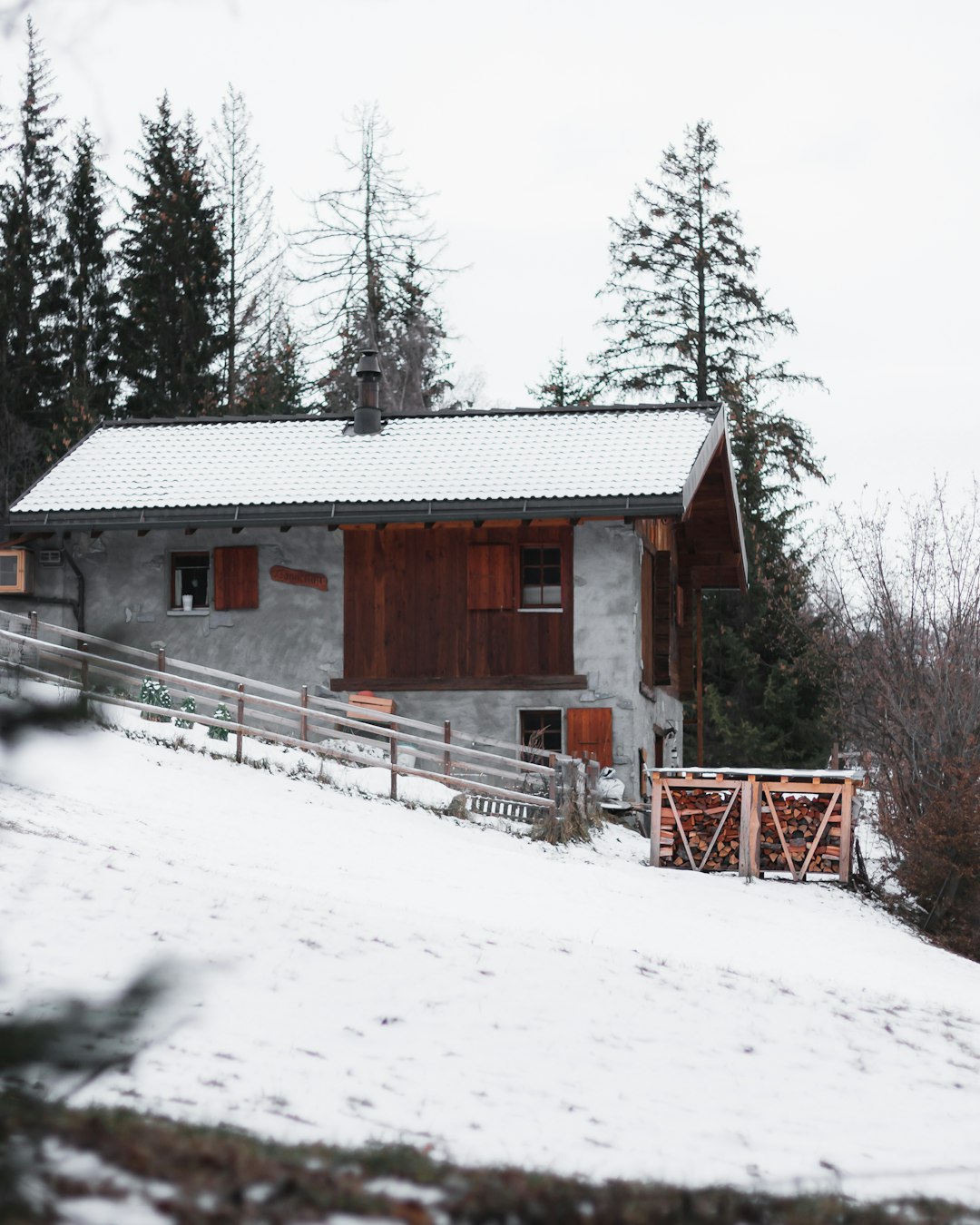 brown wooden house on snow covered ground