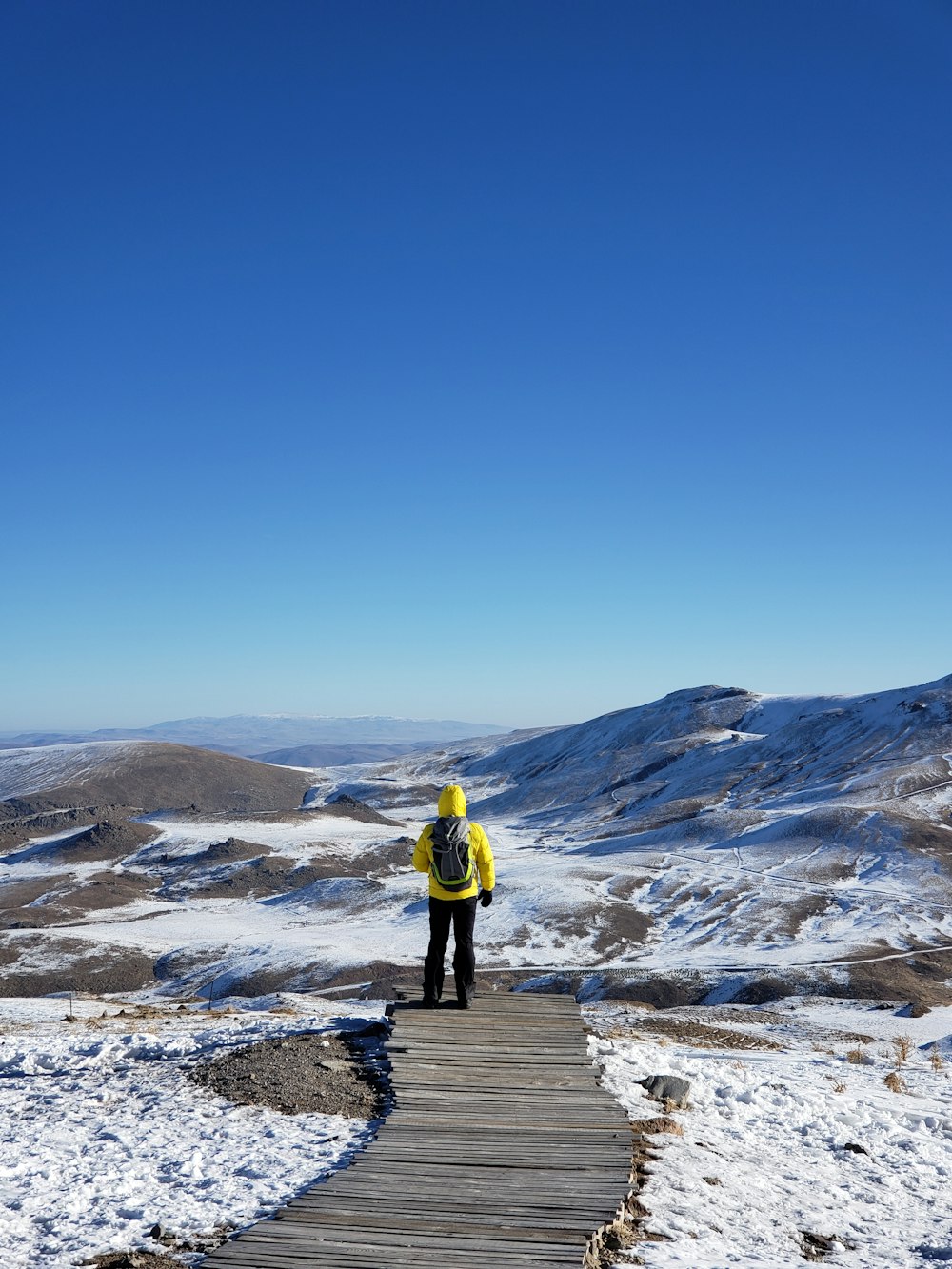 man in yellow jacket standing on brown wooden pathway during daytime