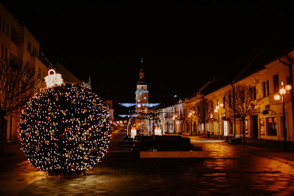 beleuchteter Weihnachtsbaum in der Nähe des Gebäudes während der Nachtzeit