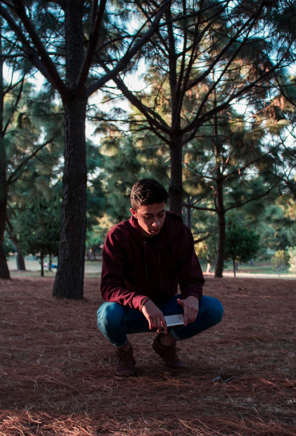 Mann in rotem Hoodie und blauer Jeans sitzt auf braunem Boden in der Nähe grüner Bäume während